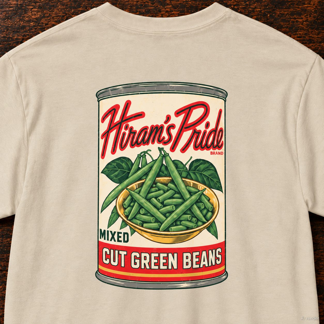 Back of the Sand Hiram’s Pride tee with the large vintage green bean can illustration