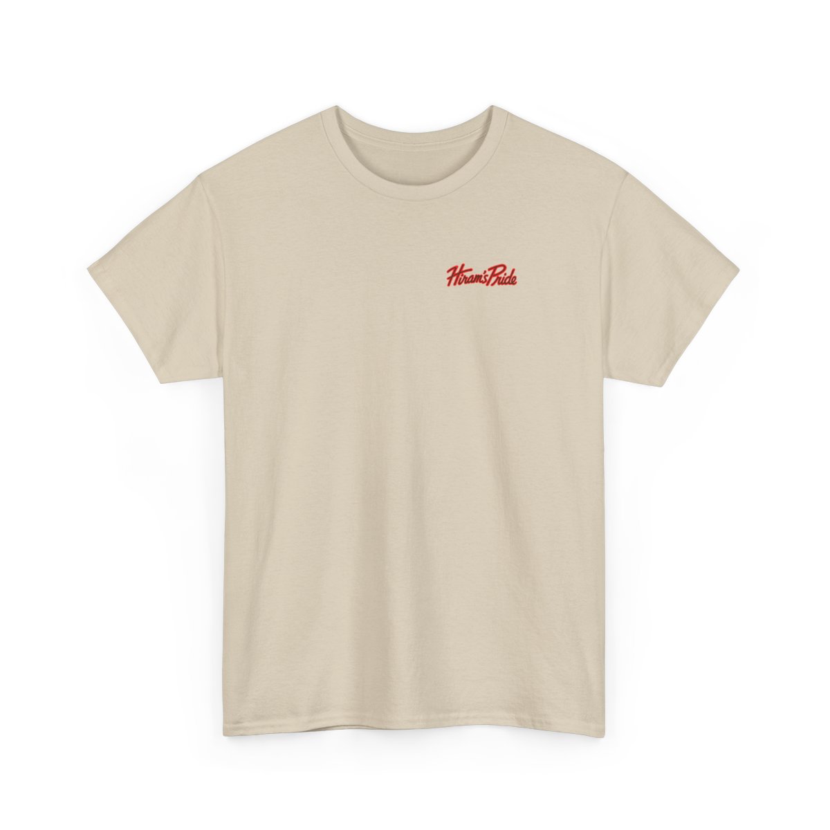 Front of the Sand tee, showing the small Hiram’s Pride lettering on the left chest