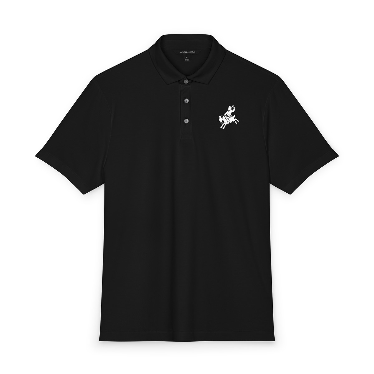 Full front view of the Deep Black polo, showing the small left-chest embroidery