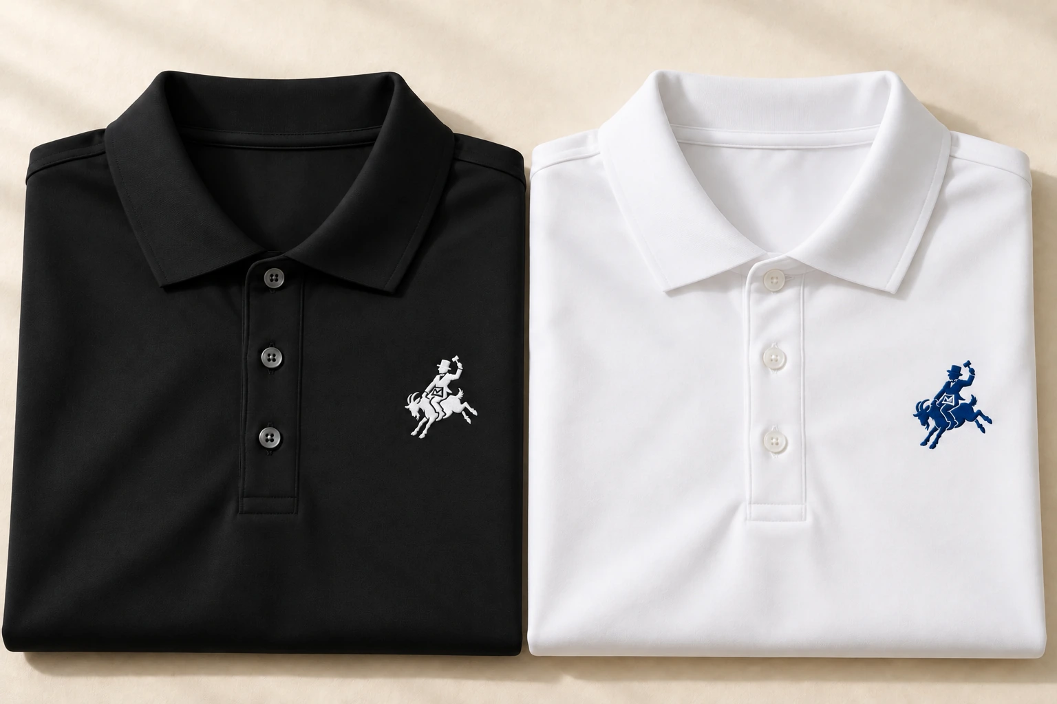 Black goat polo with white left-chest embroidery