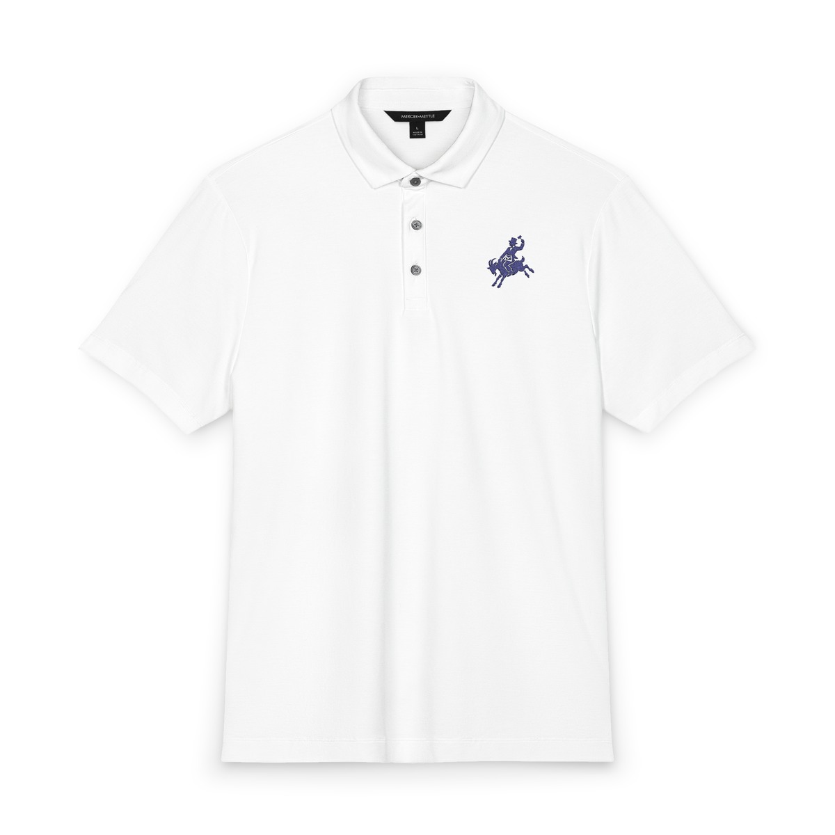 Full front view of the White polo, showing the small left-chest embroidery