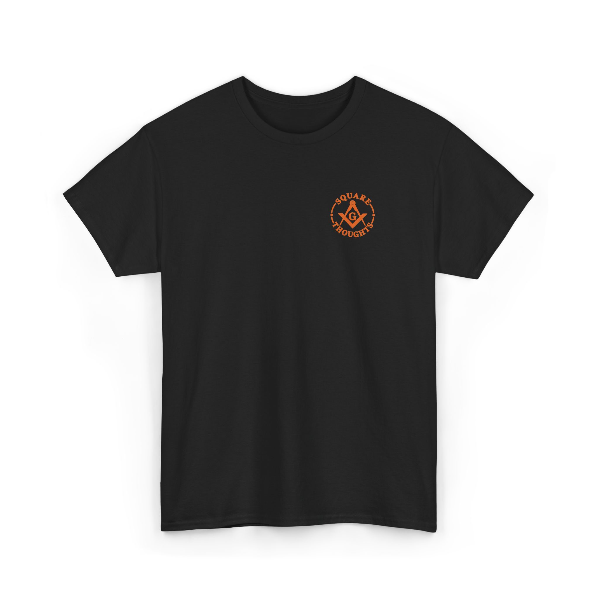 Black Square Thoughts tee with a small warm orange circular logo printed on the left chest