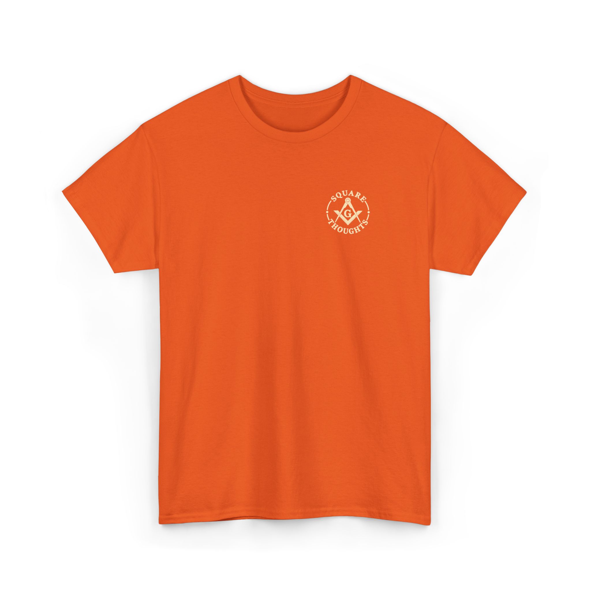 Orange Square Thoughts tee with a small warm cream circular logo printed on the left chest