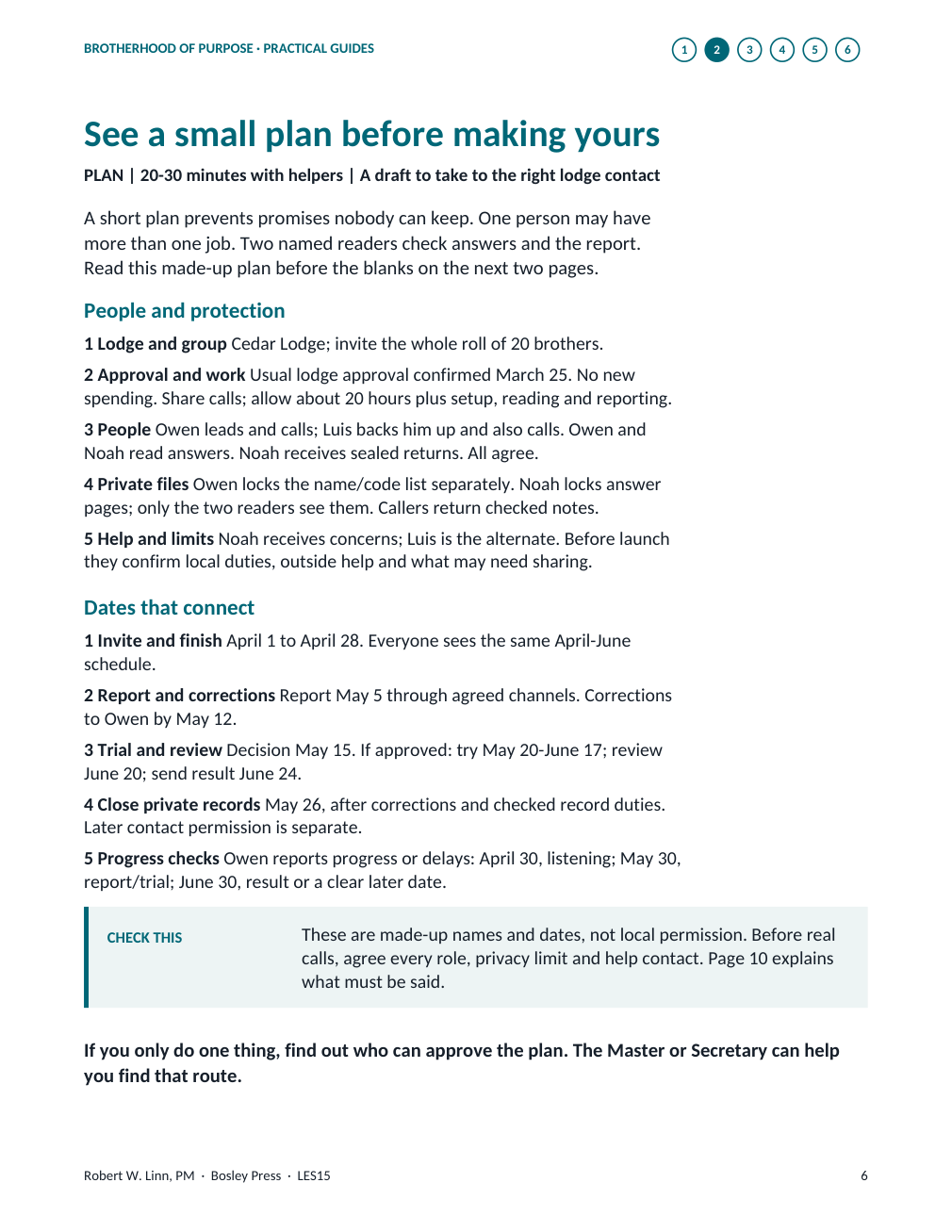 Page 6 of Lodge Experience Survey: a completed sample plan covering people, permission, privacy and dates.