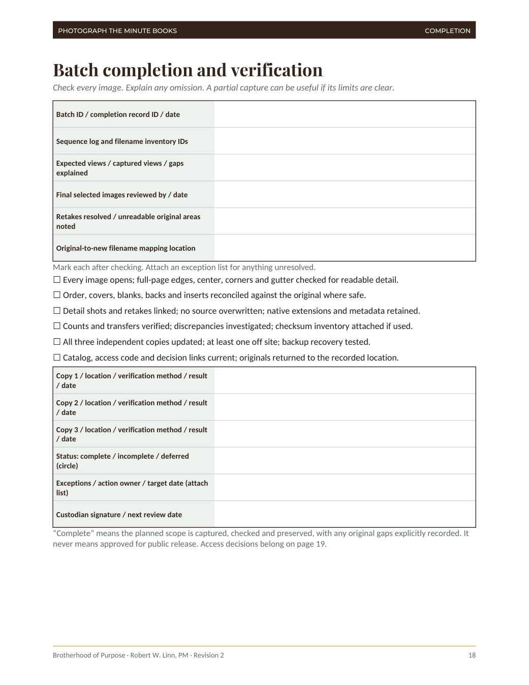 Batch completion and verification — booklet page 18. Read the text version below.